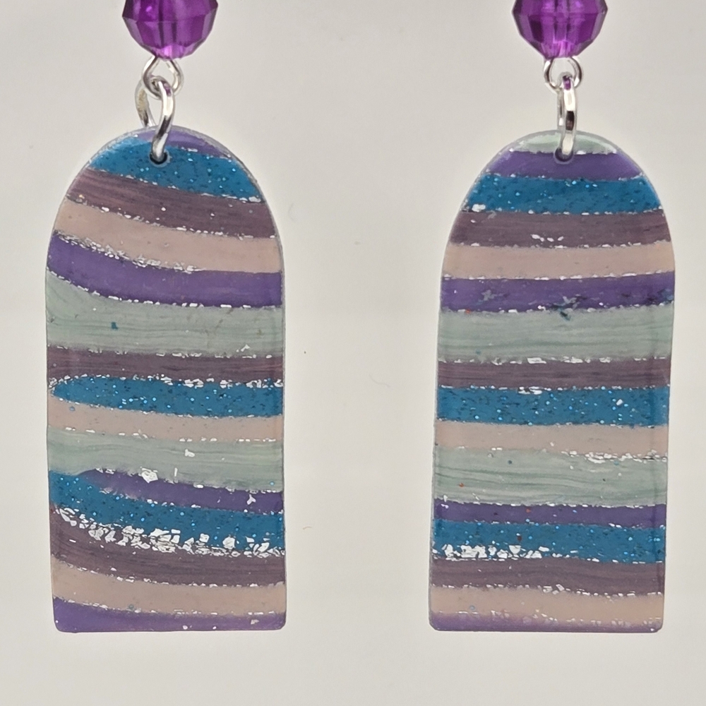 #B273- Striped Purple and Blue Earrings- Morganite Beads - Picture 4 of 4